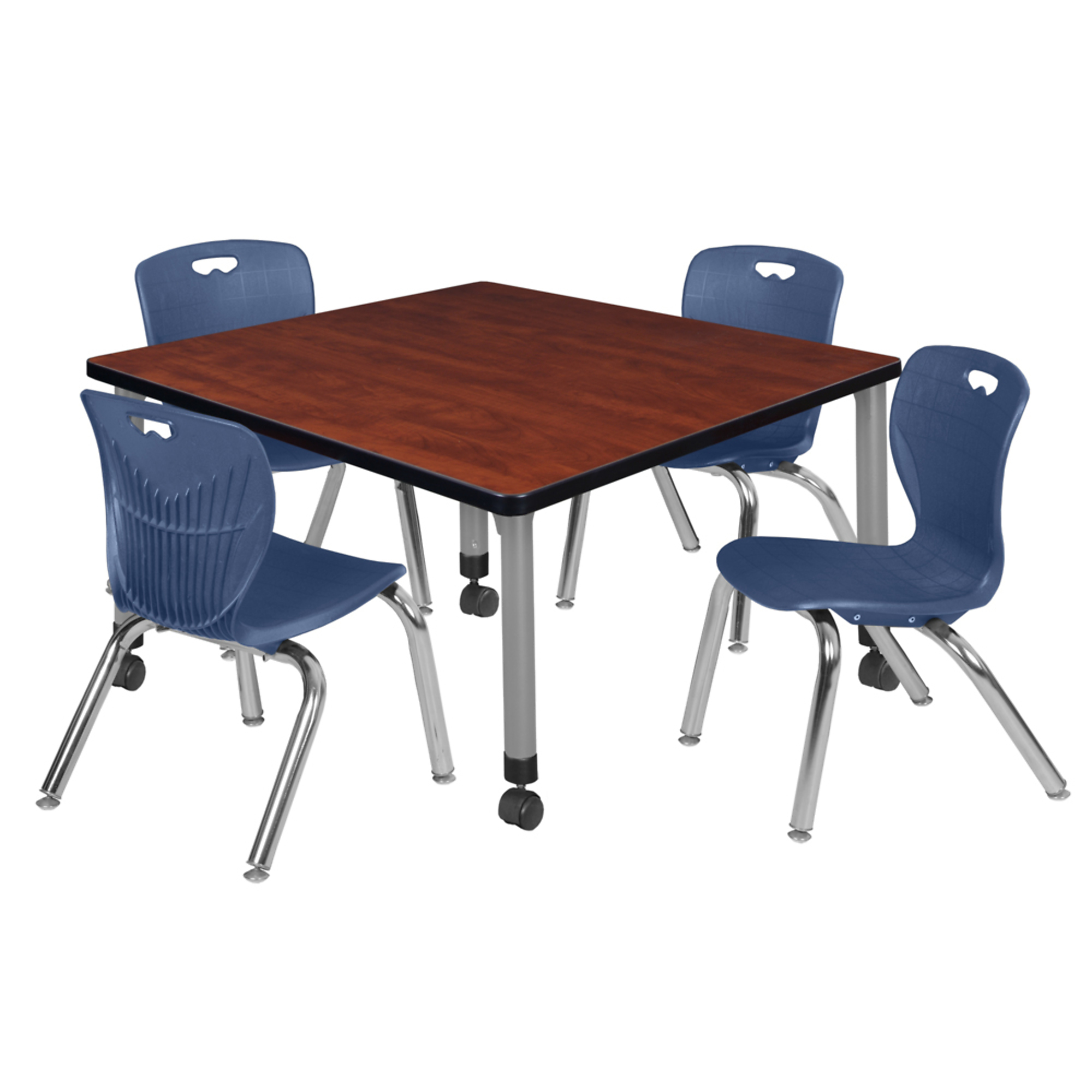 Regency Kee 42in. Square Mobile Classroom Table with Adjustable Height, Cherry/Maple, 4 Navy Blue Andy 12in. Stack Chairs, Model# TB4242CHAPCGY45NV